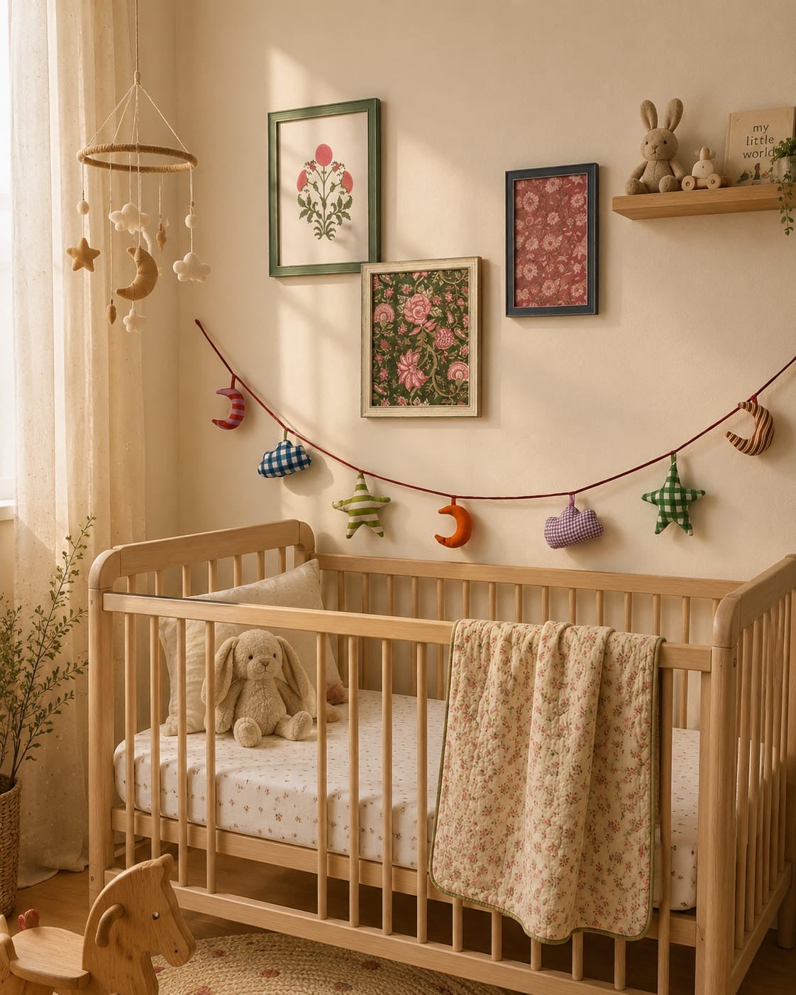 Handmade Moon & Stars Block Print Nursery Bunting